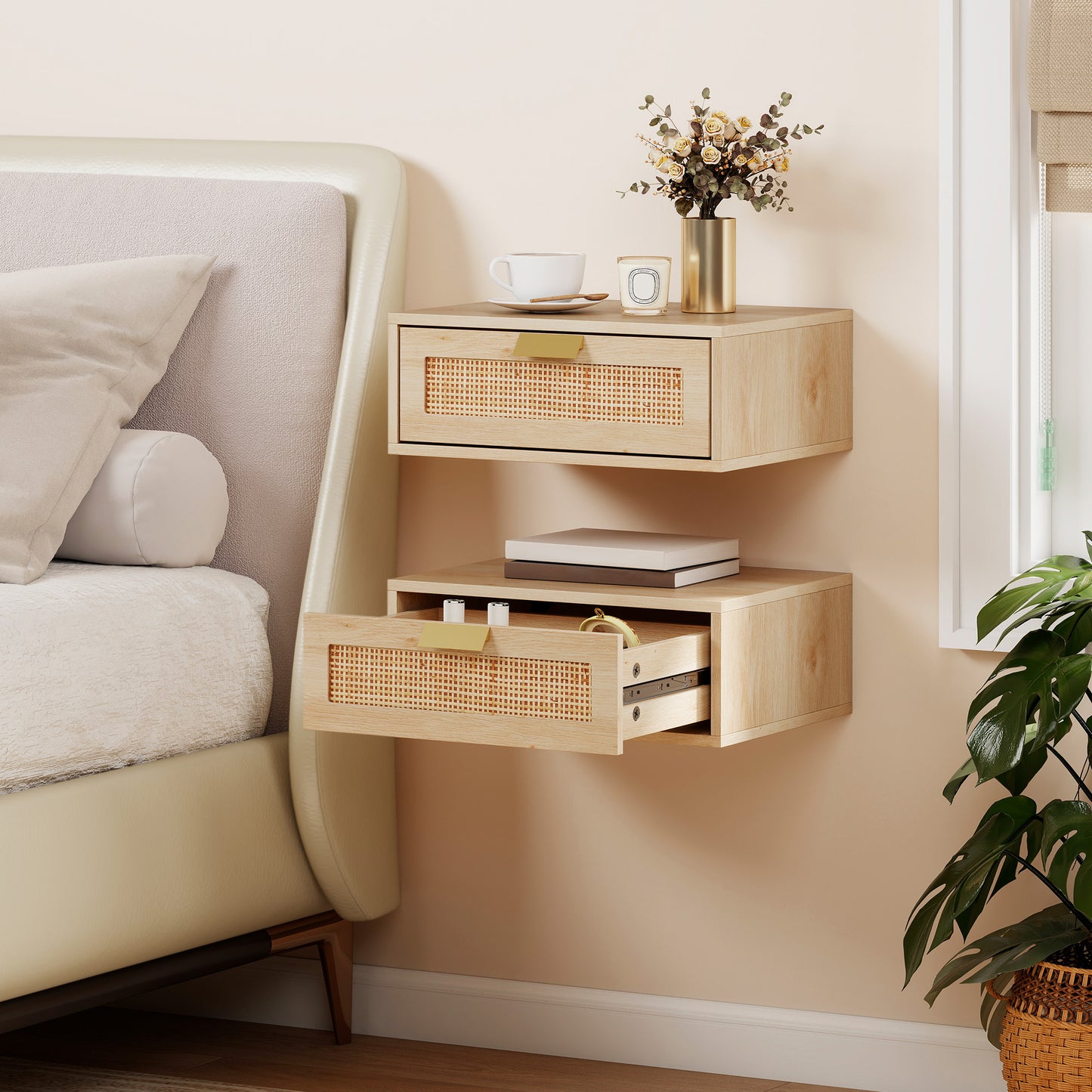 Floating Bedside Tables Set of 2, Wall Mounted Bedside Cabinets with Rattan Drawer and Wood Effect, Oak