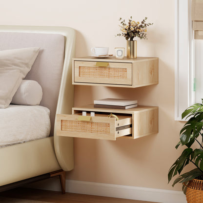 Floating Bedside Tables Set of 2, Wall Mounted Bedside Cabinets with Rattan Drawer and Wood Effect, Oak