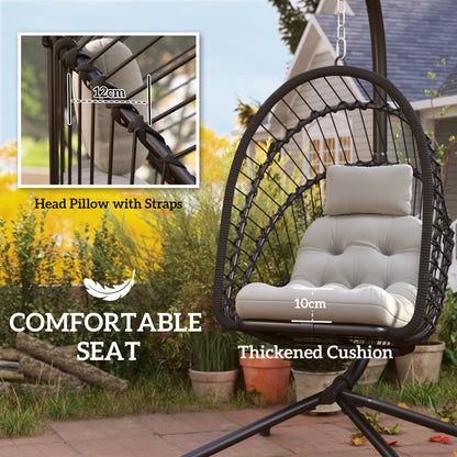 Outdoor PE Rattan Swing Chair with Foldable Basket and Cushion, Garden Patio Hanging Egg Chair with Metal Stand