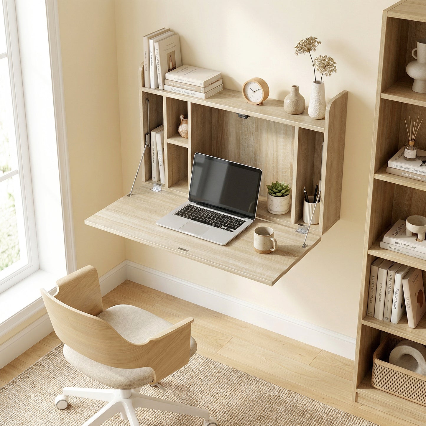 Wall Mounted Desk, Drop Leaf Floating Laptop Desk with Space Saving Storage Compartments for Home Office, Oak