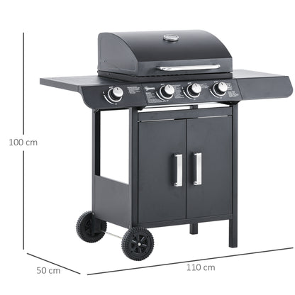 3+1 Burner Gas BBQ Grill, Outdoor Barbecue Trolley with Wheels, Warming Rack, Side Shelves, Cabinet, Thermometer for Garden