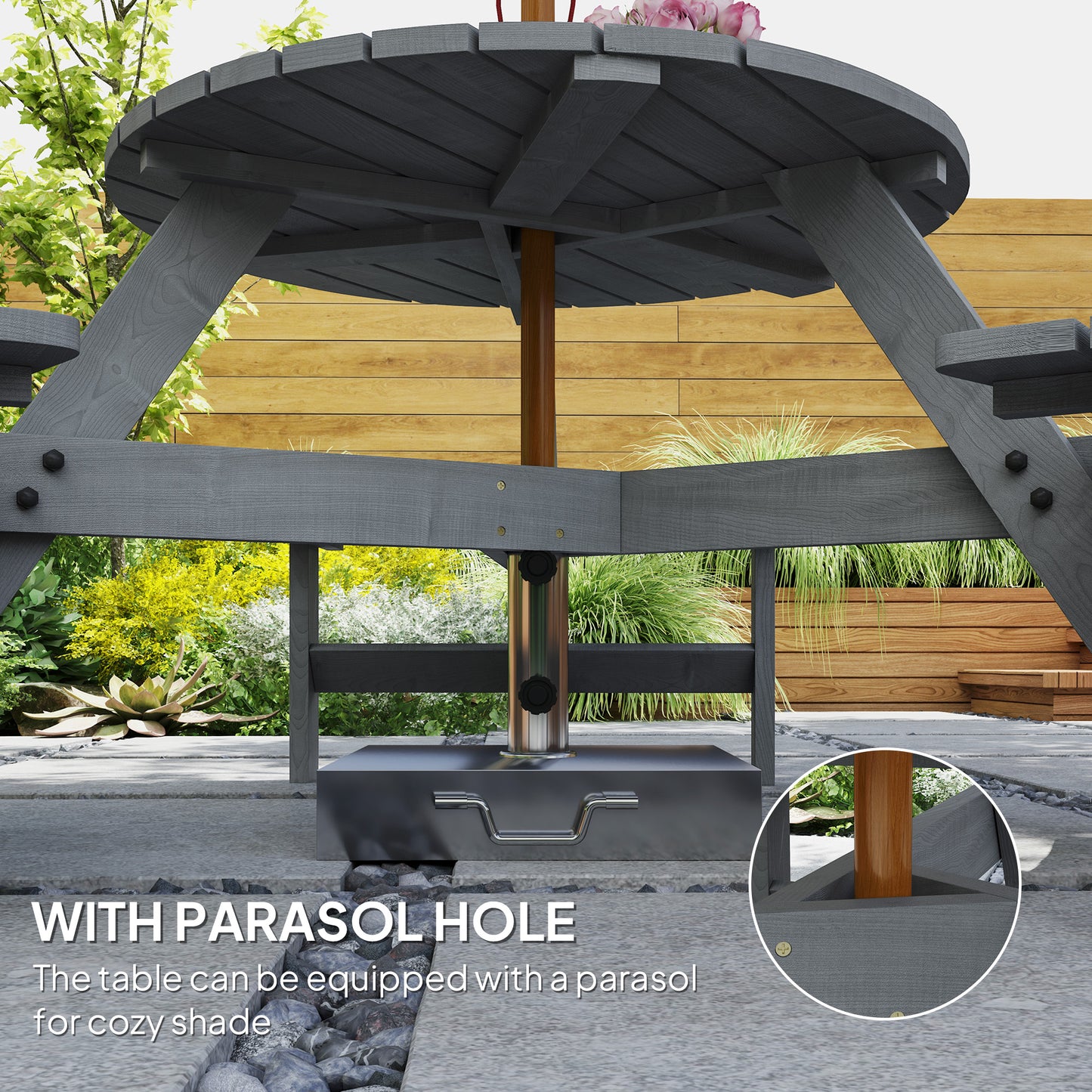 Wooden Garden Dining Set, 6 Seater Round Dining Picnic Table with Matching Bench, Garden Furniture Set