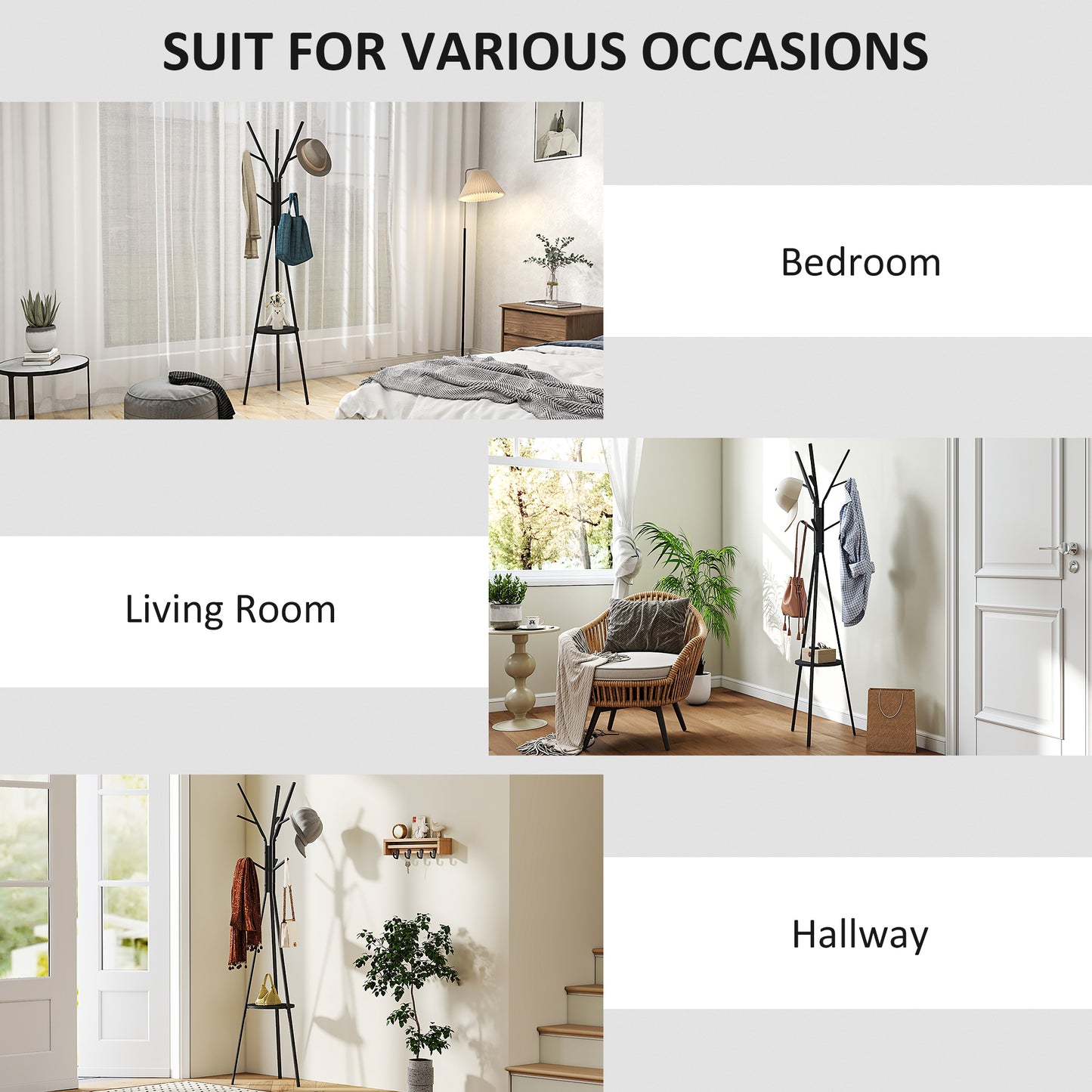 Freestanding Metal Coat Rack Stand 9 Hooks Clothes Tree with 1 Shelf Hat Display Hall Tree Hanger Bag Umbrella Hanging Organi