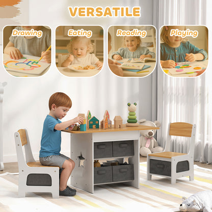 Kids Table and Chair Set, Toddler Table and 2 Chairs Set with 6 Removable Drawers, for Boys Girls Ages 3-8, Natural