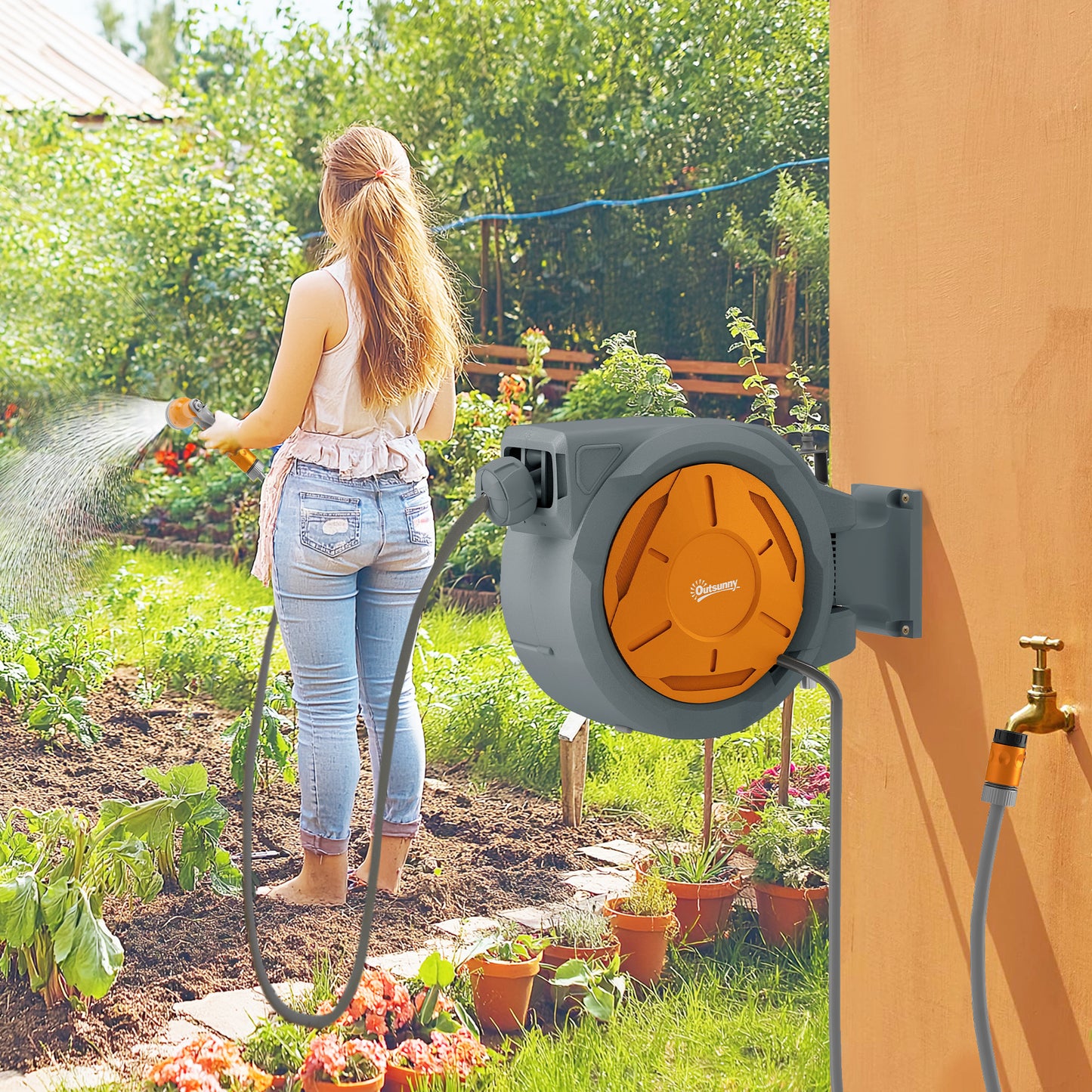 Retractable Hose Reel Wall Mounted, 30+2m Garden Hose Pipe Reel with Lock, Auto Rewind, 7 in 1 Spray Nozzle
