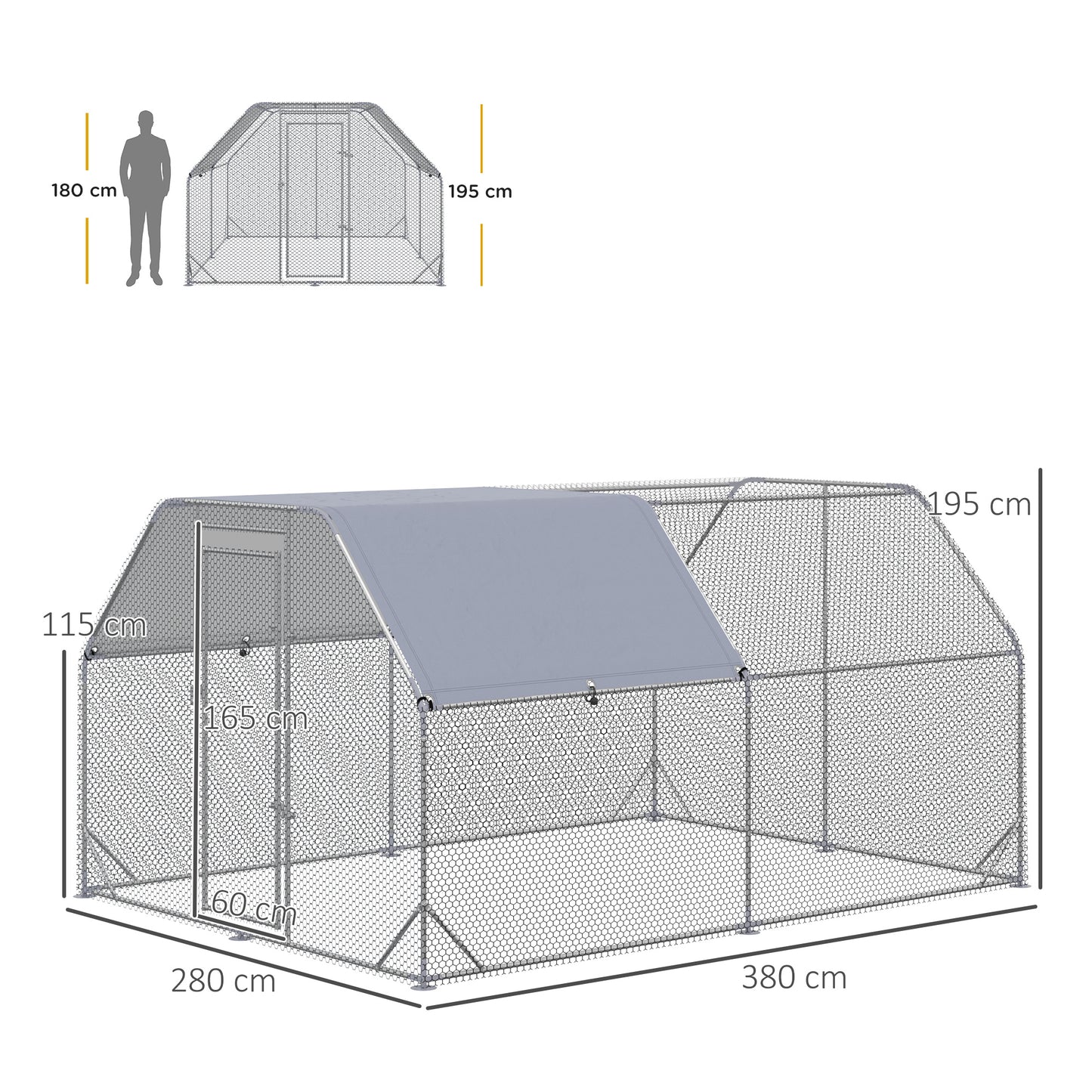 Walk in Chicken Run Chicken Coop Hen House Outdoor with Roof for 10-12 Chickens, 380 x 280 x 195cm
