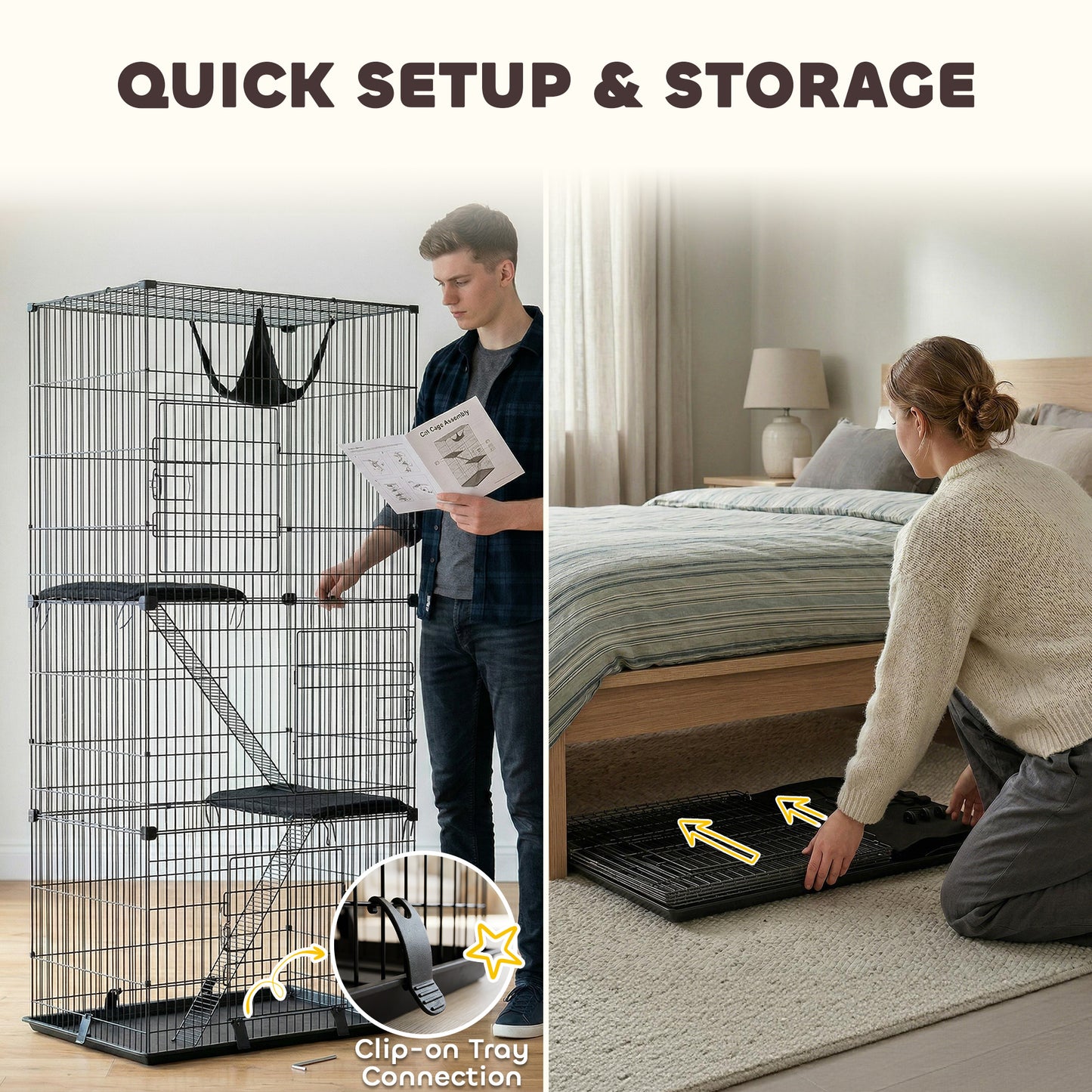 3-Tier Large Cat Cage Indoor, Detachable Metal Wire Kennel with Hammock, Platforms, Tray and Cushions for 1-2 Kittens