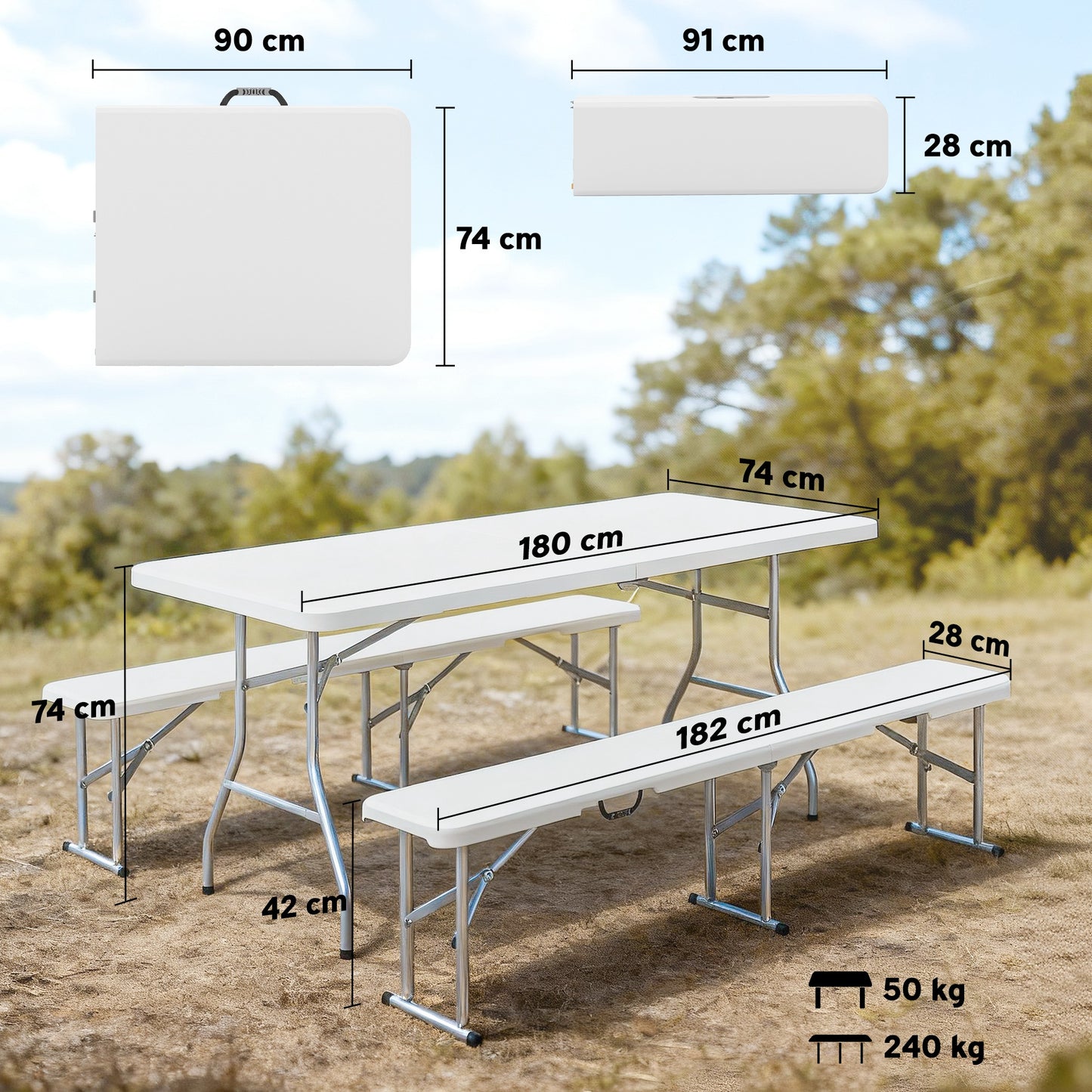 Three-Piece Folding Picnic Table and Bench Set - White