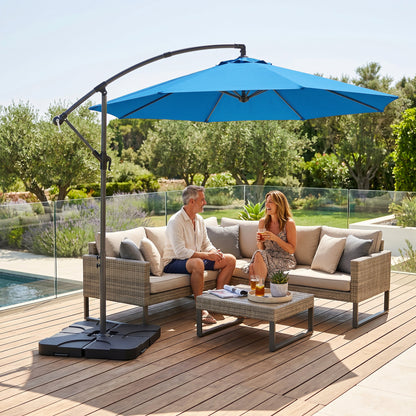 3m Overhanging Parasol, with Base, Weights and Cover - Blue