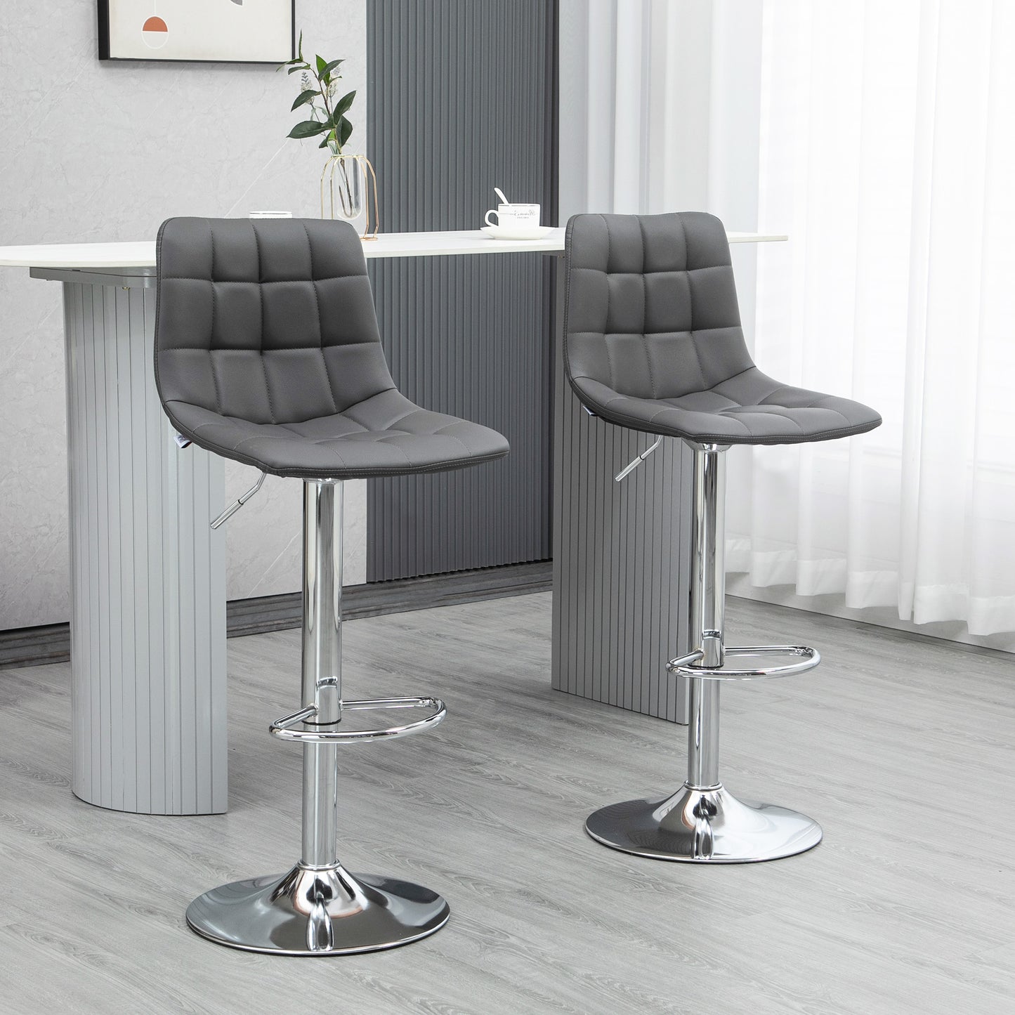 Adjustable Bar Stools Set of 2, Swivel PU Leather Upholstered Barstools with Tufted Seat and Back