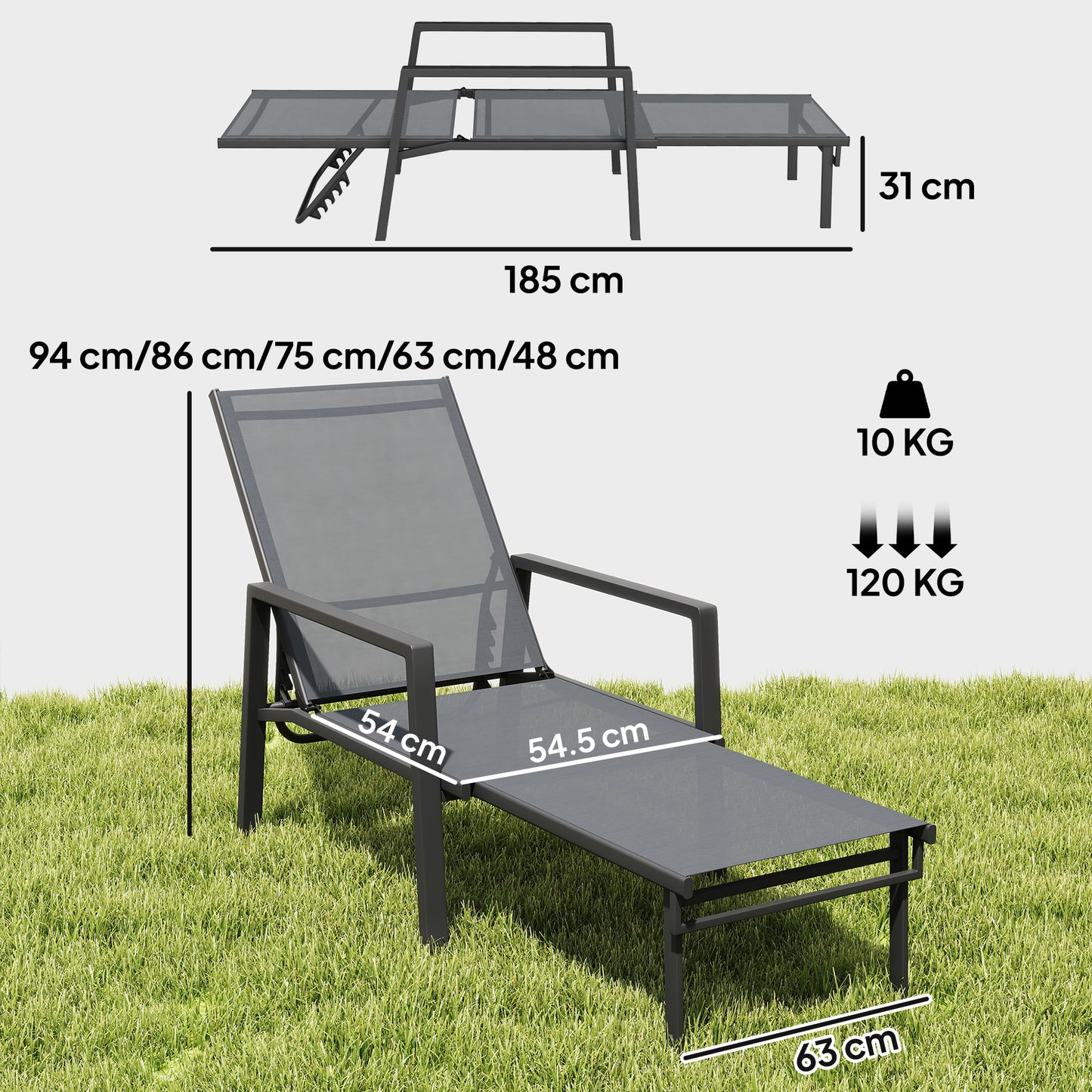 Sun Loungers Set of 2 Retractable Footrest 5-Position Adjustable Steel Frame for Beach, Porch, Patio, Camping, Dark Grey