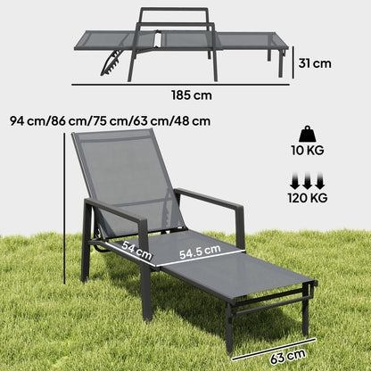 Sun Loungers Set of 2 Retractable Footrest 5-Position Adjustable Steel Frame for Beach, Porch, Patio, Camping, Dark Grey