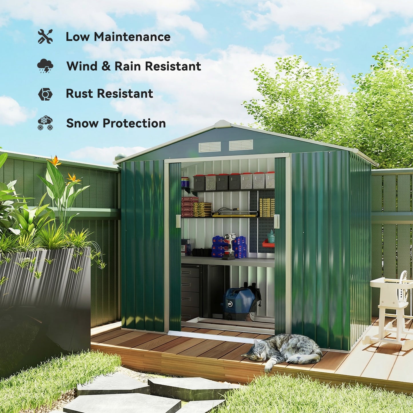 7 x 4ft Metal Garden Shed, Outdoor Storage Tool House with Ventilation Slots, Foundation Kit and Lockable Double Doors, Green