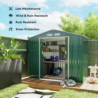 7 x 4ft Metal Garden Shed, Outdoor Storage Tool House with Ventilation Slots, Foundation Kit and Lockable Double Doors, Green
