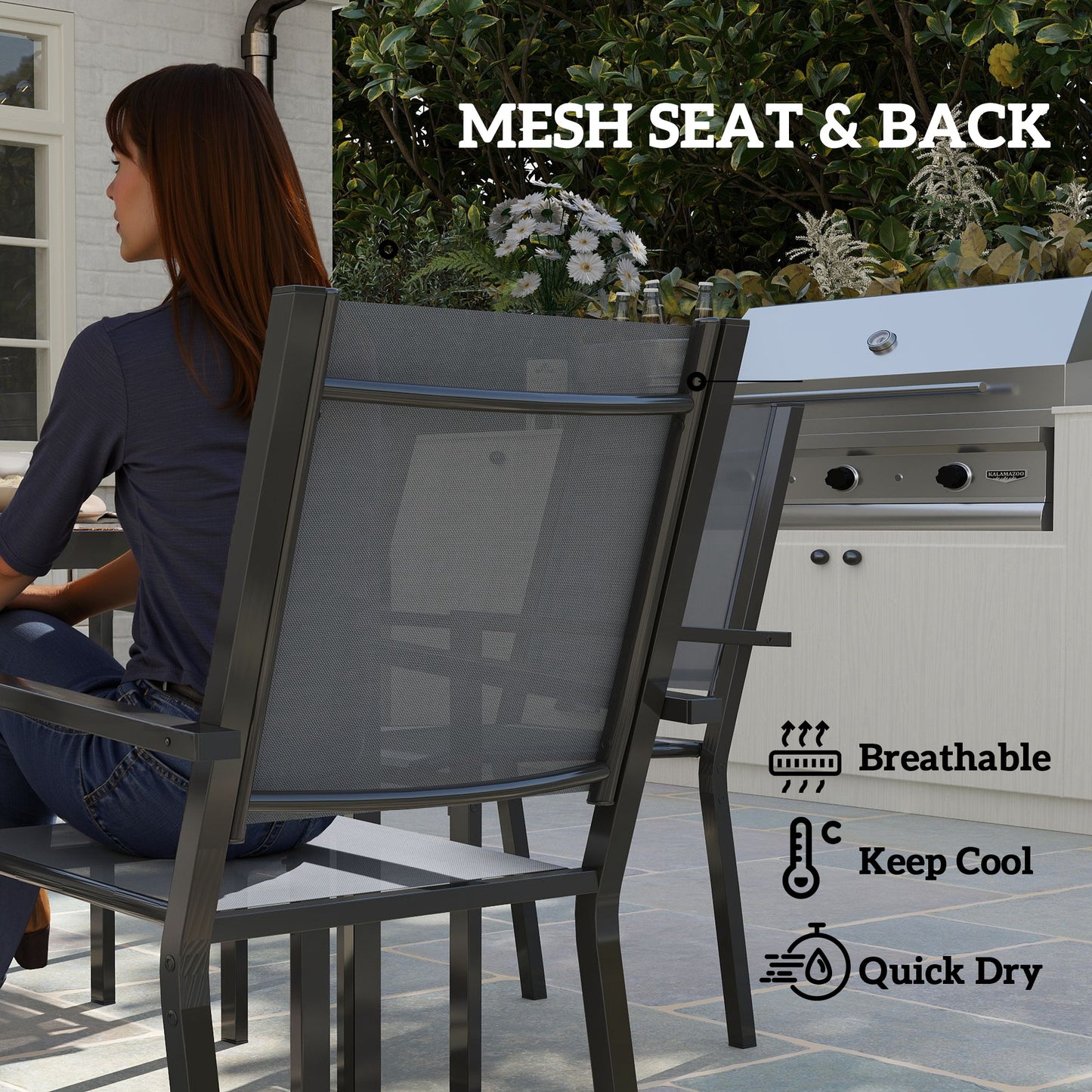 7 Piece Garden Dining Set, Outdoor Furniture Set with 6 Stackable Chairs and 150 cm Rectangle Table, WPC Slatted Top