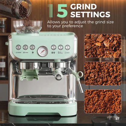 15 Bar Coffee Machine, with Adjustable Grind, Steamer and Accessories - Light Green