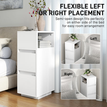 Slim Bedside Table, Narrow Bedside Cabinet with Open Shelf and 2 Drawers for Bedroom, Living Room, White