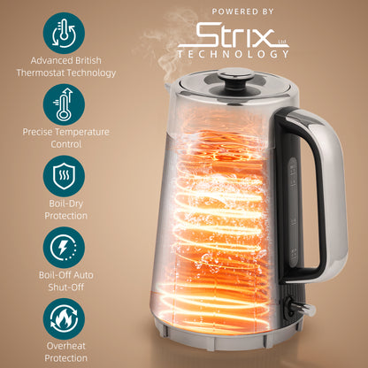 Electric Stainless Steel Kettle and Toaster Set, 3000W 1.7L UK Strix Thermostat Fast Boil Kettle w/ Limescale Filter