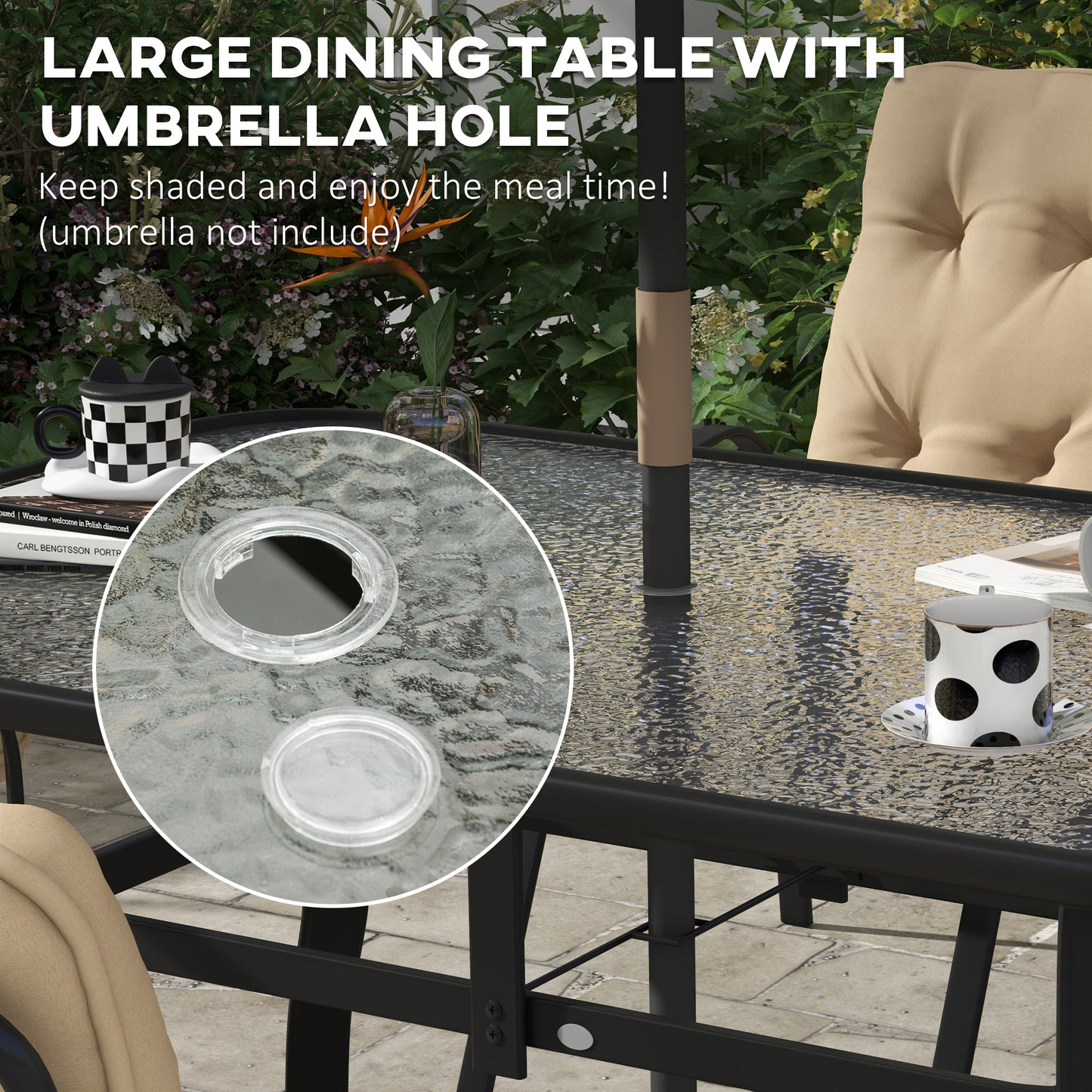 Seven-Piece Garden Dining Set with Ripple Tempered Glass Tabletop and Full-size Cushions - Beige