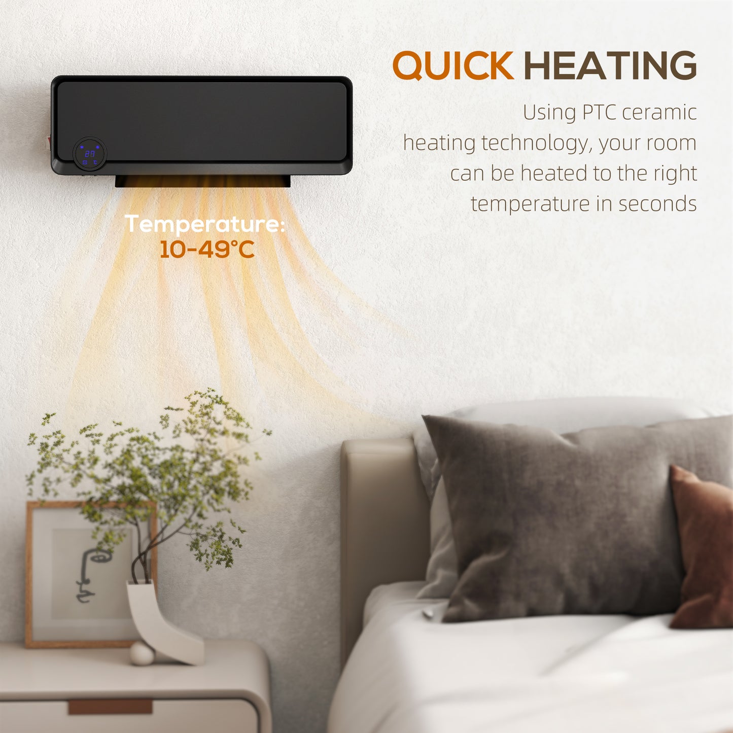 Wall Downflow Heater 2 Heat and Fan 1000W/2000W, Electric Space Heater with Timer Remote Oscillating