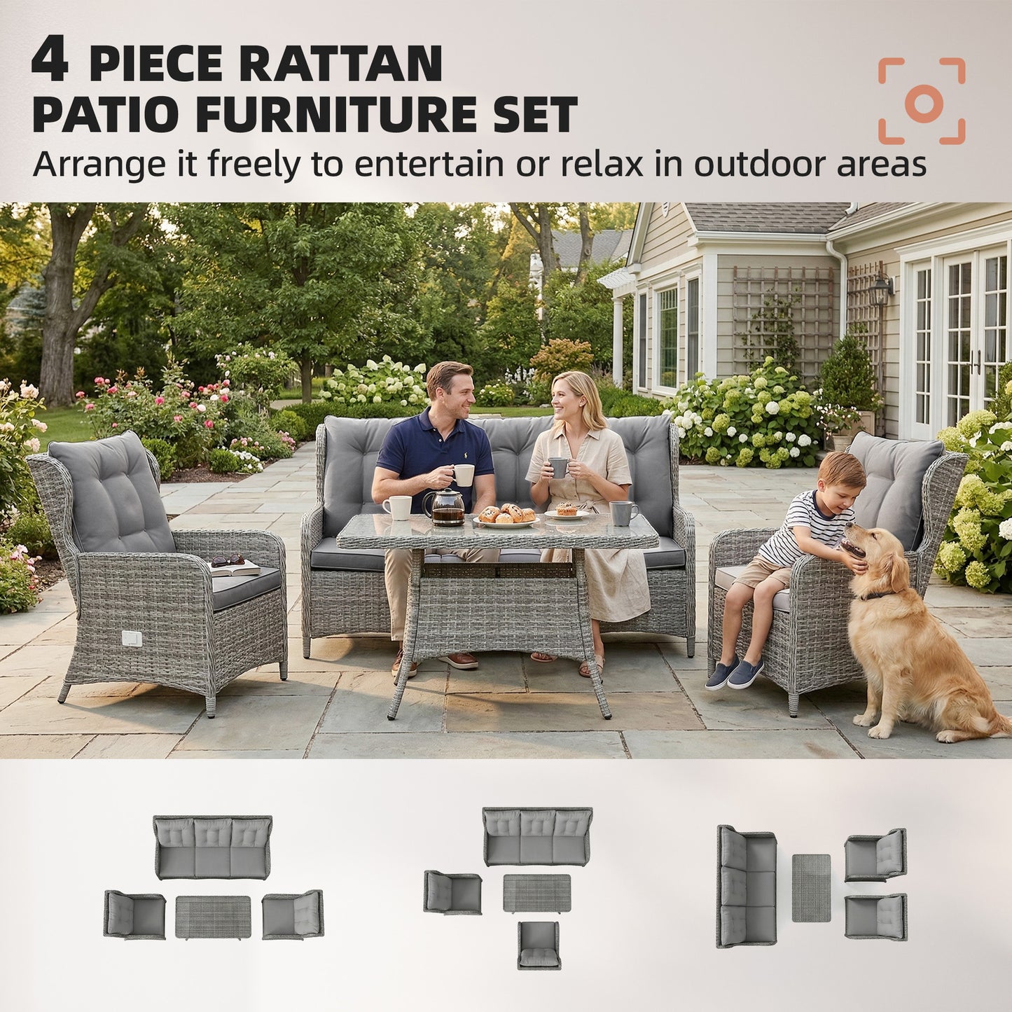 5 Seater Rattan Garden Furniture Set with Sofa, Reclining Chairs, Table, Patio Rattan Furniture Sofa Sets, Grey