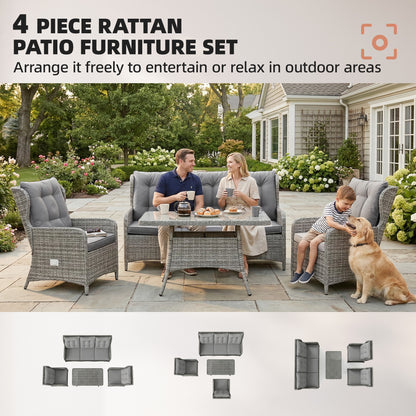 5 Seater Rattan Garden Furniture Set with Sofa, Reclining Chairs, Table, Patio Rattan Furniture Sofa Sets, Grey
