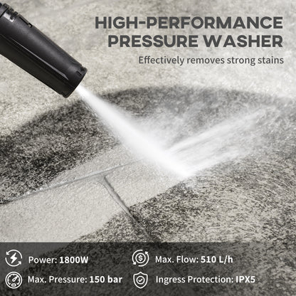 1800W High Pressure Washer, 150 Bar Pressure, 510 L/h Flow, High-Performance Portable Power Jet Wash Cleaner Green