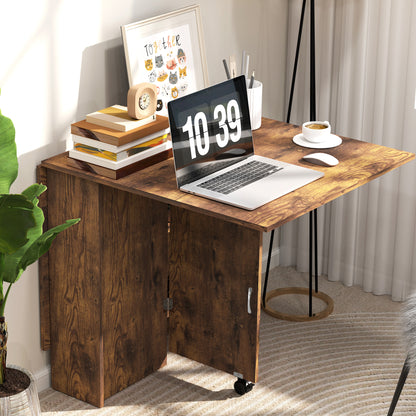 80-140 cm Folding Dining Table for 4-6 People, Drop Leaf Table with 2-Tier Shelves, Rolling Casters, Rustic Brown