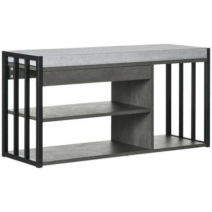 Shoe Storage with Seat, Upholstered Entryway Bench, Shoe Bench with 3 Open Shelves for Hallway, Grey