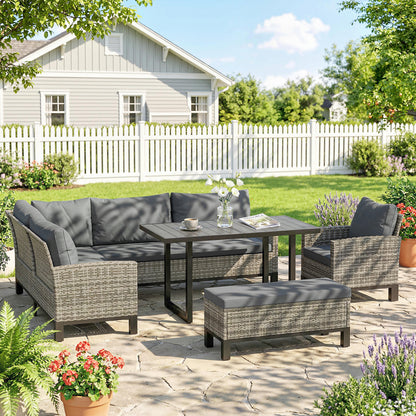 9 Seater Rattan Garden Furniture Corner Sofa Set, Outdoor Dining Set with Faux Wood Table, Ottoman, Cushions, Dark Grey