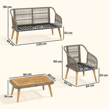 4 Piece Rattan Garden Furniture Set with Loveseat, Armchairs, Wood Table, Wicker Patio Conversation Set, Cream White