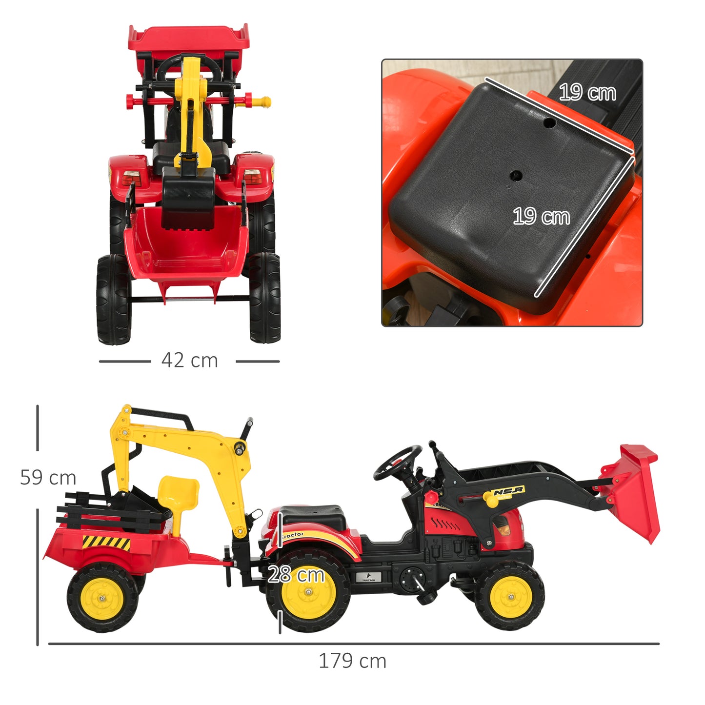 Ride On Tractor for Kids, 3 in 1 Ride On Excavator Toy Car with Adjustable Bucket, Digger and Removable Trailer