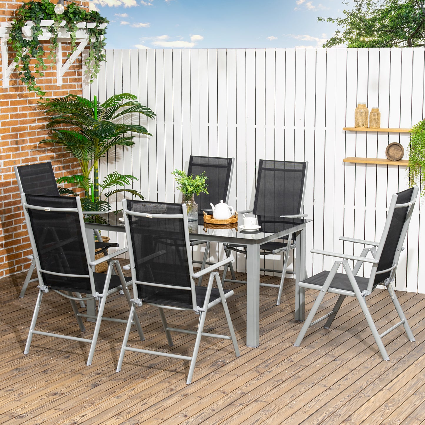 7 Piece Garden Dining Set, Outdoor Table and 6 Folding and Reclining Chairs, Aluminium Frame, Tempered Glass Top Table