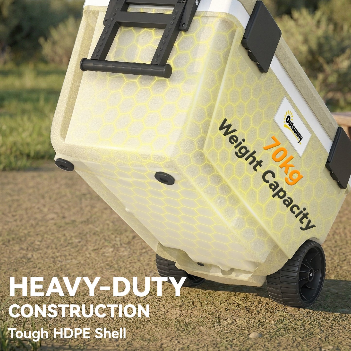 70L Insulated Cool Box with Wheels, Portable Ice Cooler with Handle, Lid and Drain Valve, Khaki