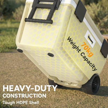 70L Insulated Cool Box with Wheels, Portable Ice Cooler with Handle, Lid and Drain Valve, Khaki