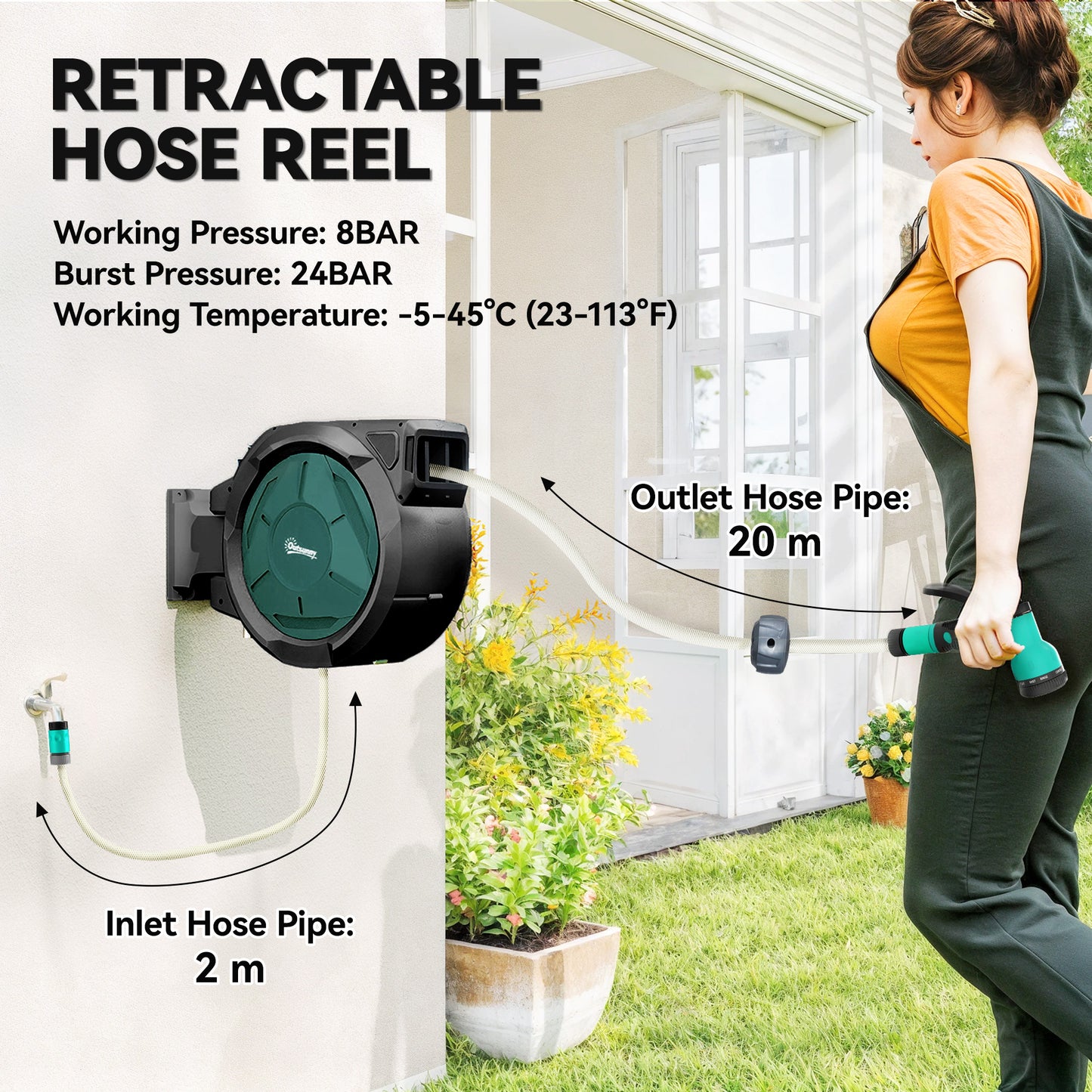 Retractable Hose Reel Wall Mounted, 20+2m Garden Hose Pipe Reel with Lock, Auto Rewind, 7 in 1 Spray Nozzle