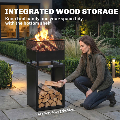 Outdoor Fire Pit with Wood Storage Wood Burning Firepit with Mesh Sides 87 cm Black