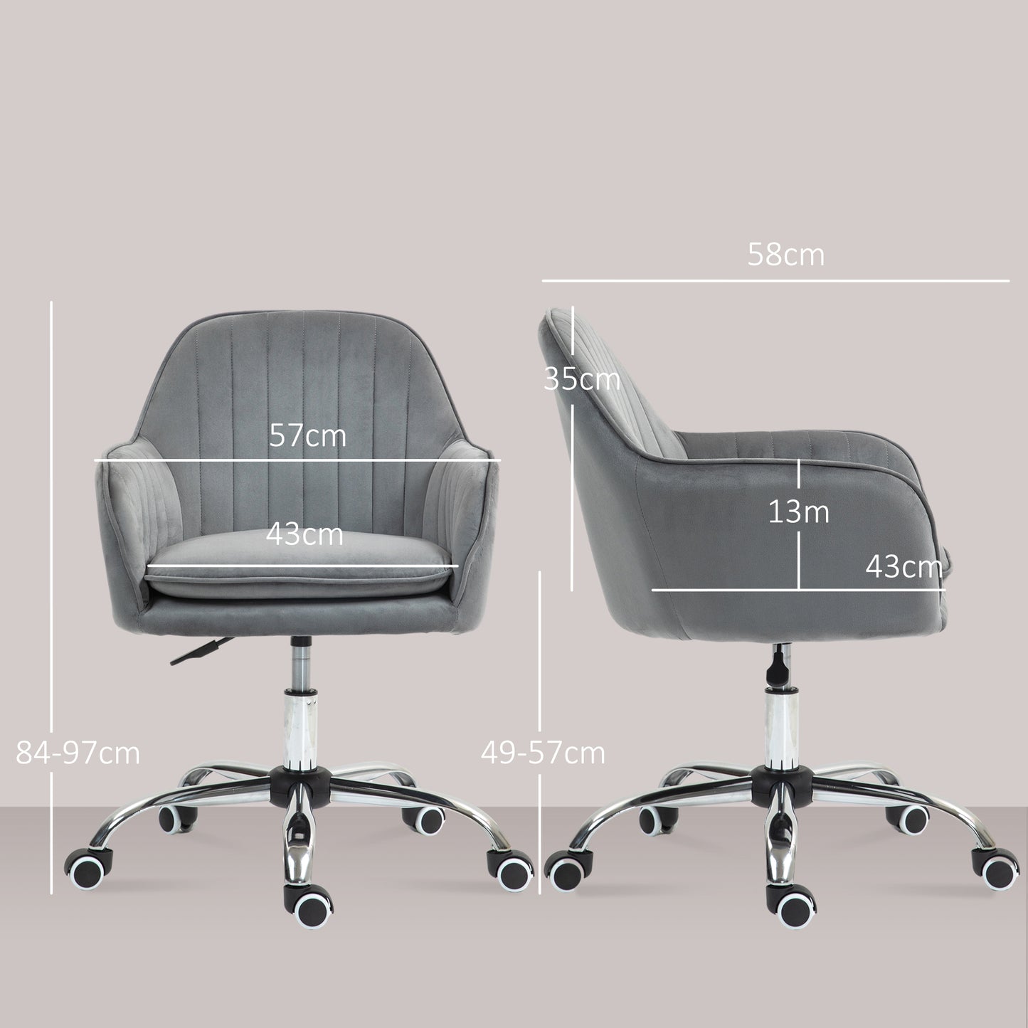 Office Chair, Swivel Desk Chair, Velvet-Feel Fabric Vanity Chair with Adjustable Height and Rolling Wheels for Home Work Stud