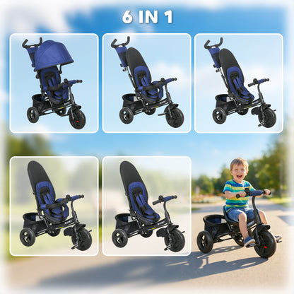 6 in 1 Kids Trike with Parent Handle, Canopy, 5-point Seat Belt, Storage, Footrest, Brake, for 1-5 Years, Dark Blue