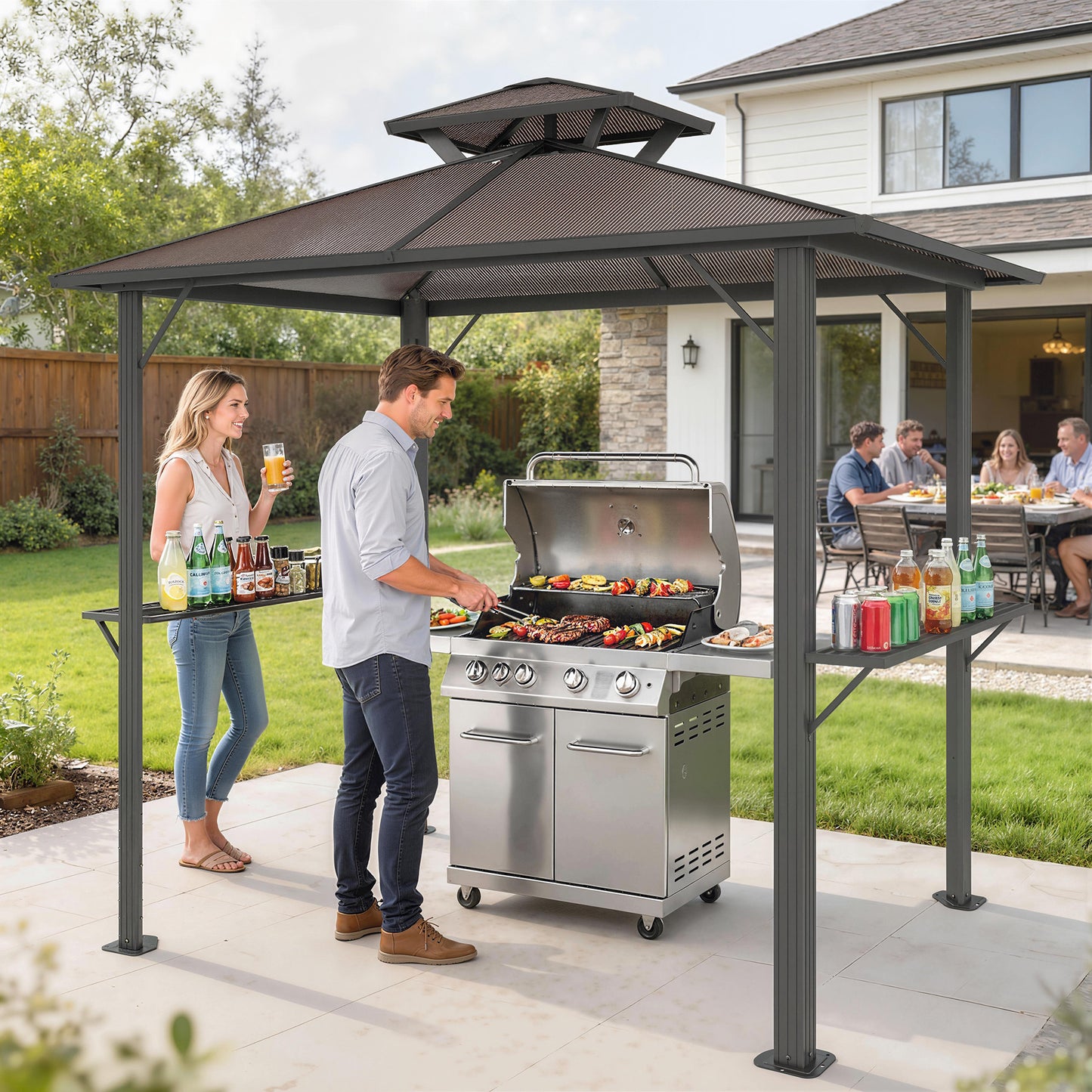 2.5 x 1.5 m Hardtop Grill Gazebo with Double Roof, Aluminium Outdoor BBQ Gazebo Shelter with 2 Side Shelves, Brown