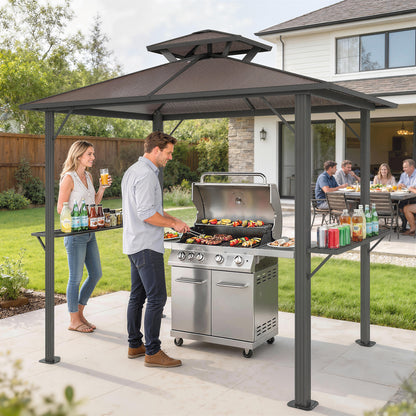 2.5 x 1.5 m Hardtop Grill Gazebo with Double Roof, Aluminium Outdoor BBQ Gazebo Shelter with 2 Side Shelves, Brown