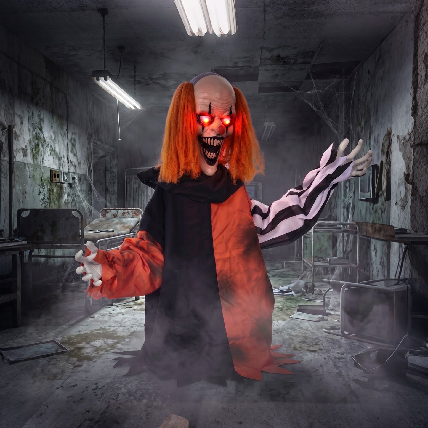 Animated Halloween Face Changing Clown, Animatronic Joker with Cackling Sound, Glowing Eyes, Sound/Touch Activated