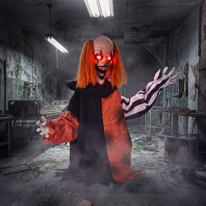 Animated Halloween Face Changing Clown, Animatronic Joker with Cackling Sound, Glowing Eyes, Sound/Touch Activated