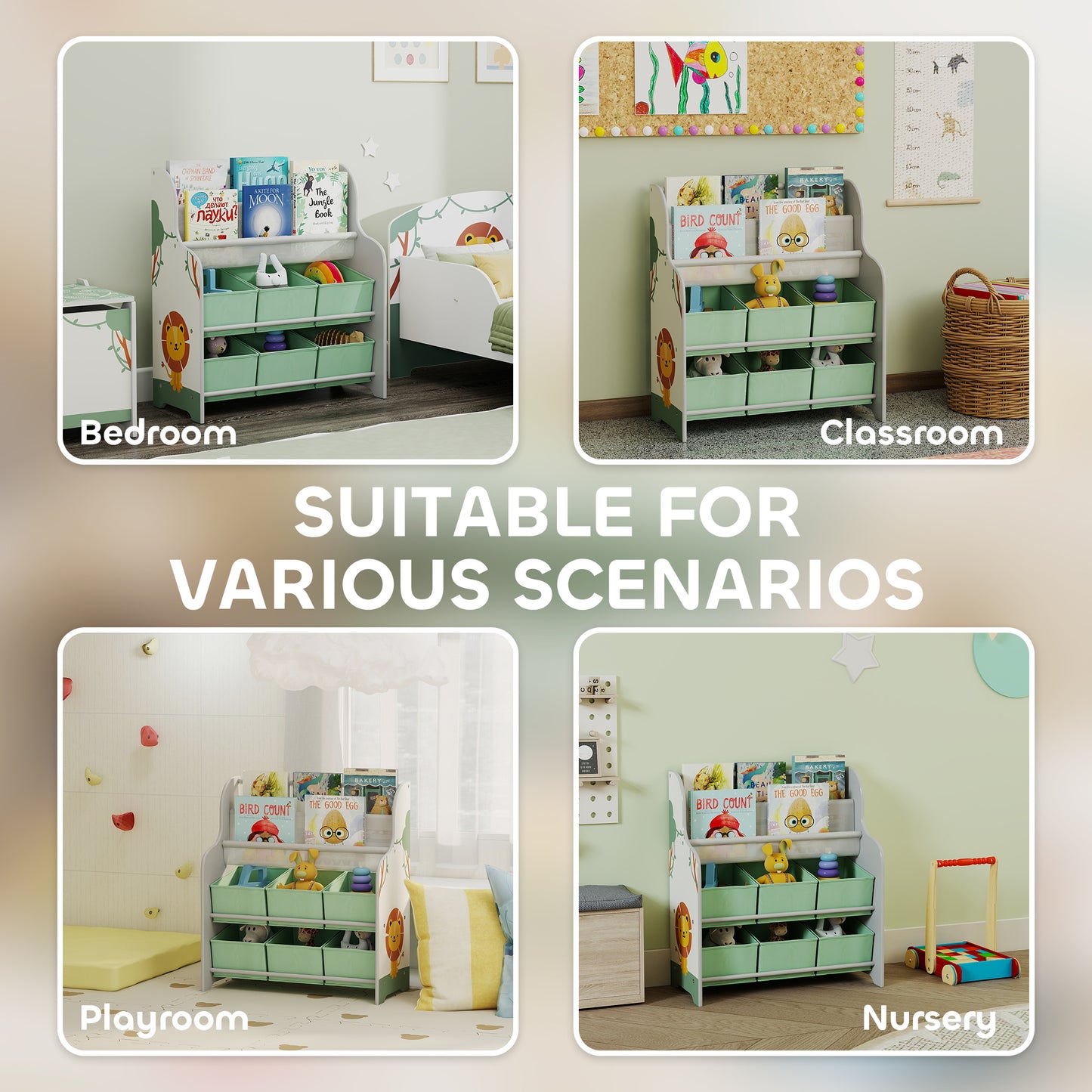 Kids Storage Unit, Toy Organiser with 6 Fabric Drawers and 2-Tier Sling Book Rack for Bedroom, Playroom, Nursery, Green