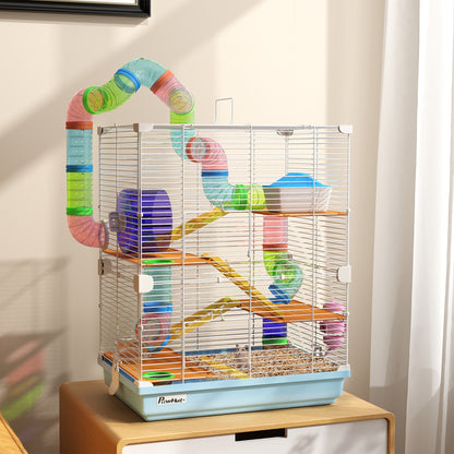 5 Tier Hamster Cage Carrier Habitat w/ Exercise Wheels, Tunnel, Light Blue