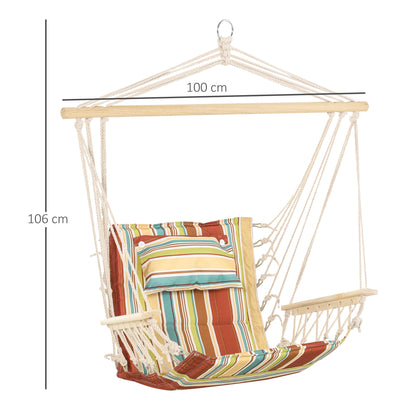 Garden Outdoor Hanging Hammock Chair Thick Rope Frame Wooden Arms Safe Garden Outdoor Spot Stylish Multi-Color Stripe