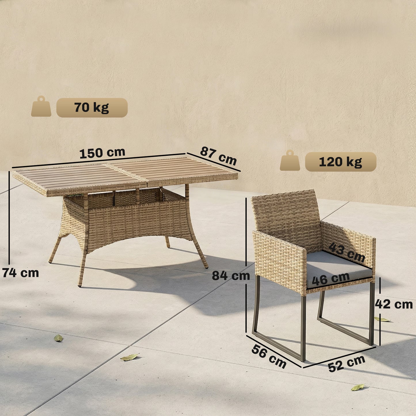 7 Piece Rattan Garden Furniture Set, Garden Dining Set with Wood-Plastic Table and 6 Stackable Chairs, Dark Grey