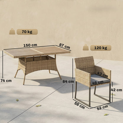 7 Piece Rattan Garden Furniture Set, Garden Dining Set with Wood-Plastic Table and 6 Stackable Chairs, Dark Grey