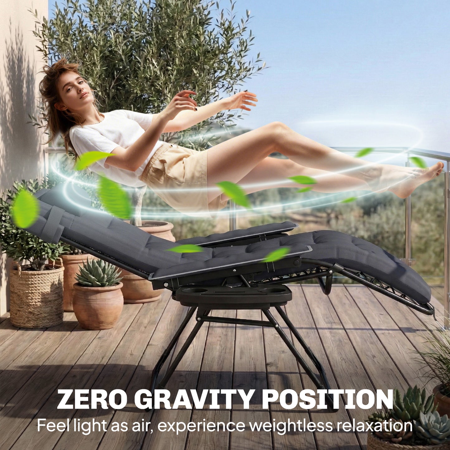 Zero Gravity Chair, Folding Sun Lounger Reclining Garden Chair with Arm Pads, Cushion, Cup Holder, Headrest, Dark Grey