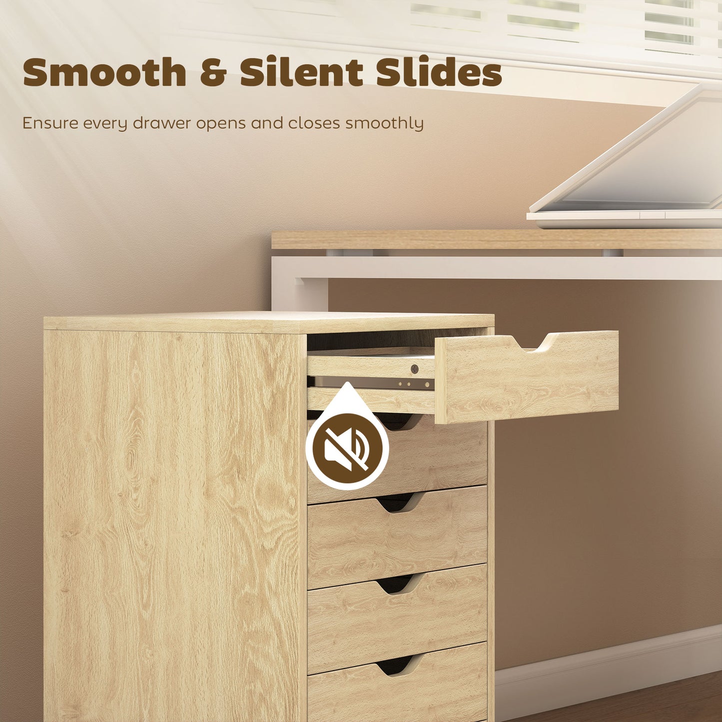 6 Drawer Vertical File Cabinet, Mobile Filing Cabinet with Quiet Drawers and Wheels with 2 Brakes, Oak Wood Effect